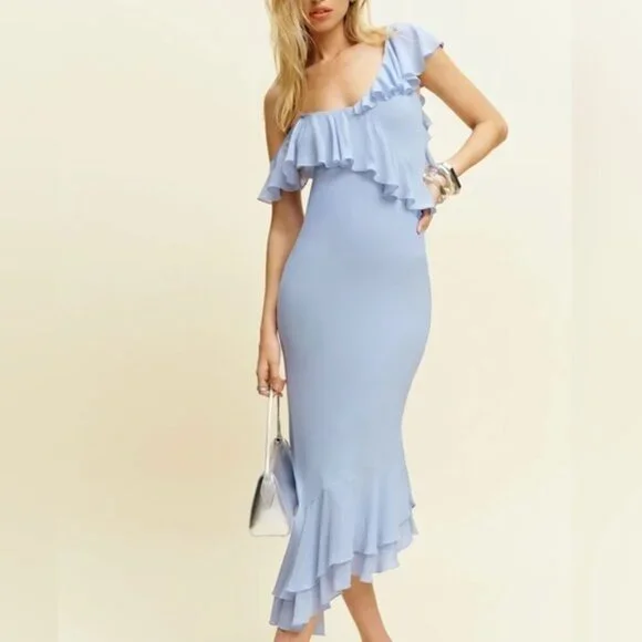 NEW Reformation Martine Midi Asymmetric Dress Ice Water Light Blue | size XS - Picture 2 of 13